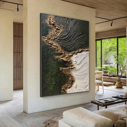 Emerald Shore hand-painted white, emerald green and gold textured coastal abstract painting shown with wood frame