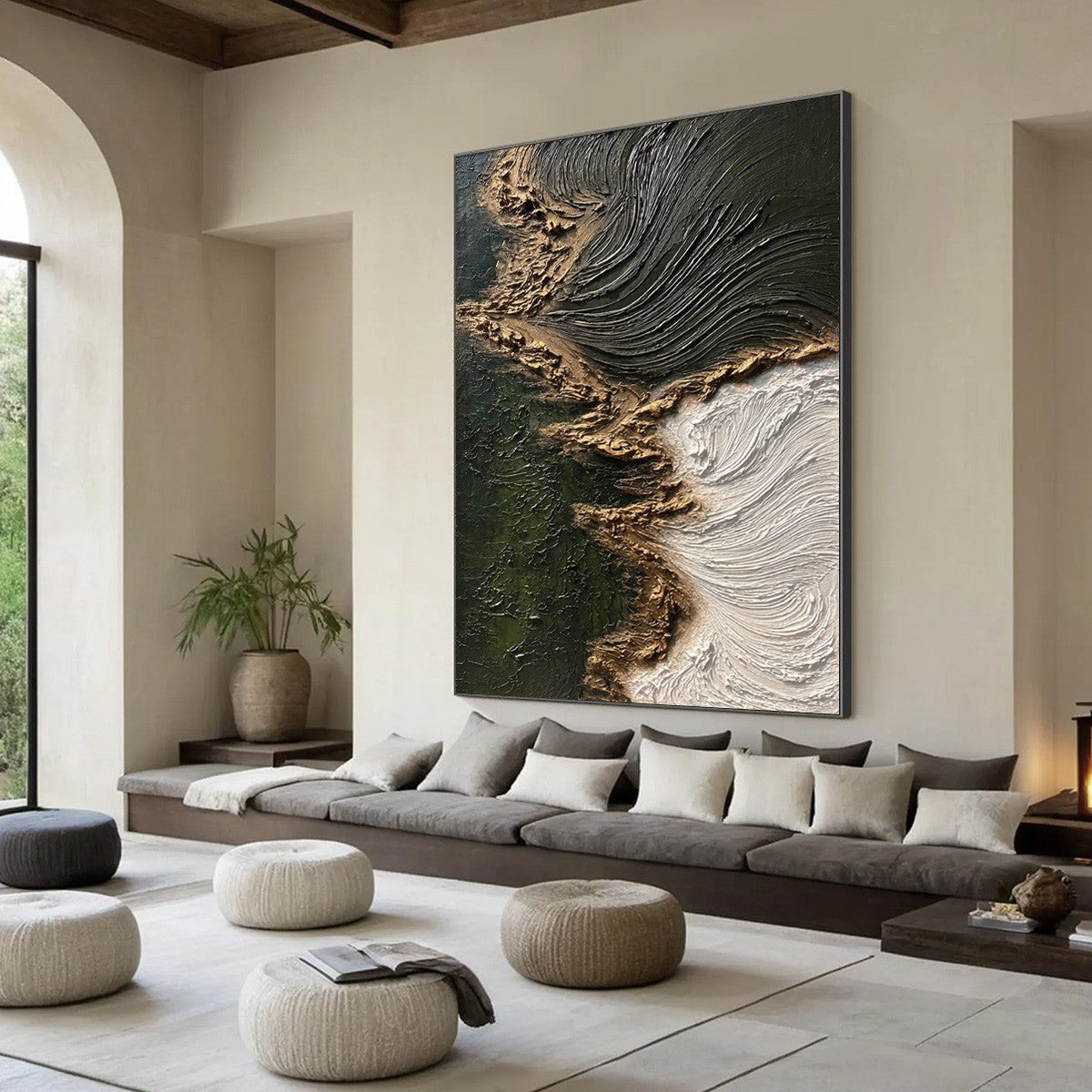 Emerald Shore hand-painted white, emerald green and gold textured coastal abstract painting rolled canvas option