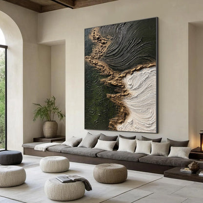 Emerald Shore hand-painted white, emerald green and gold textured coastal abstract painting rolled canvas option