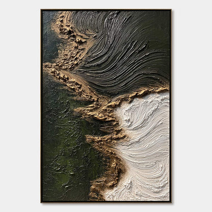 Emerald Shore hand-painted white, emerald green and gold textured coastal abstract painting rolled canvas option