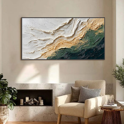 Emerald Shoreline hand-painted white, emerald green and gold textured coastal abstract painting shown as stretched canvas