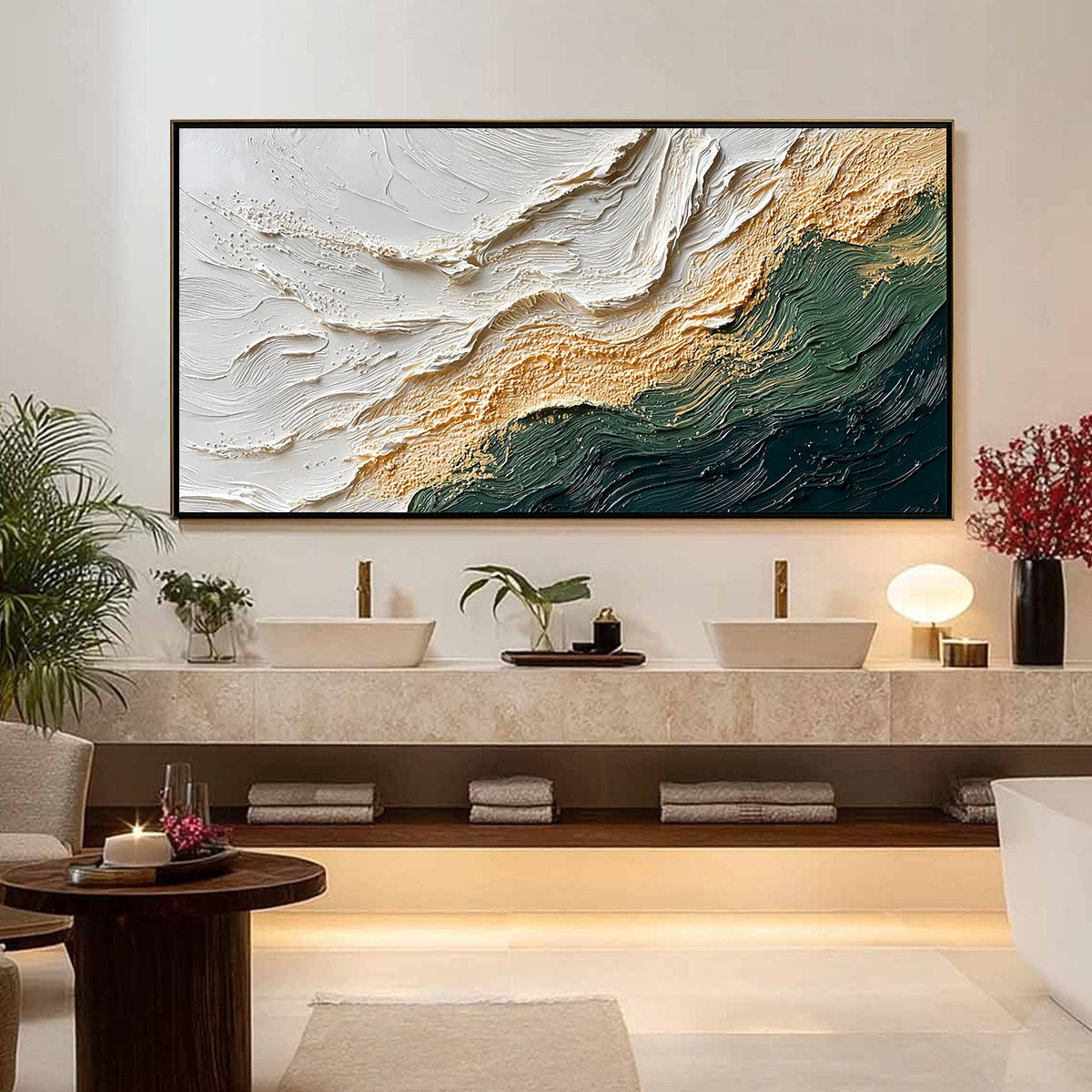 Emerald Shoreline hand-painted white, emerald green and gold textured coastal abstract painting shown with silver frame