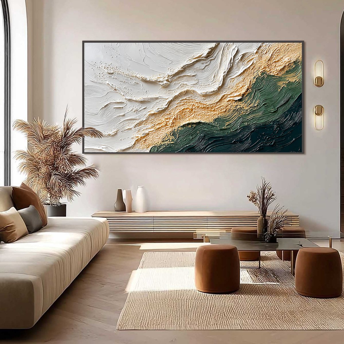 Emerald Shoreline hand-painted white, emerald green and gold textured coastal abstract painting shown with black frame