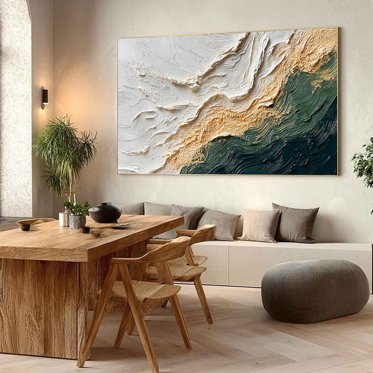 Emerald Shoreline hand-painted white, emerald green and gold textured coastal abstract painting shown with wood frame
