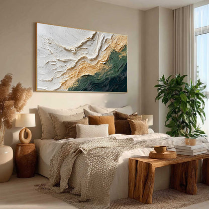 Emerald Shoreline hand-painted white, emerald green and gold textured coastal abstract painting rolled canvas option