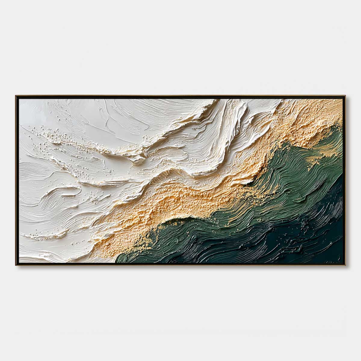 Emerald Shoreline hand-painted white, emerald green and gold textured coastal abstract painting rolled canvas option