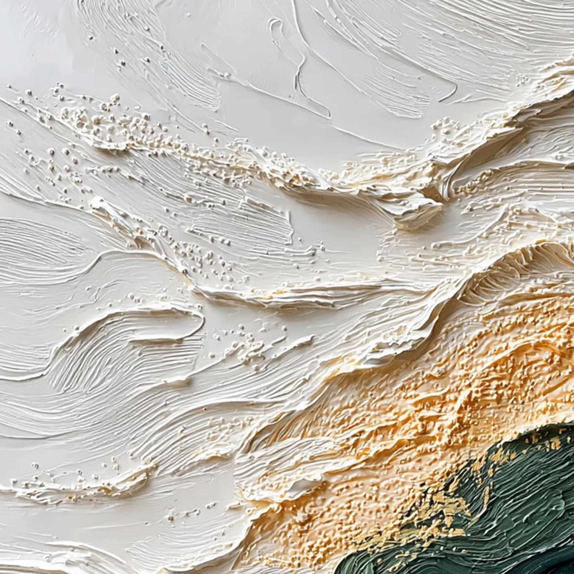 Emerald Shoreline hand-painted white, emerald green and gold textured coastal abstract painting shown with gold frame