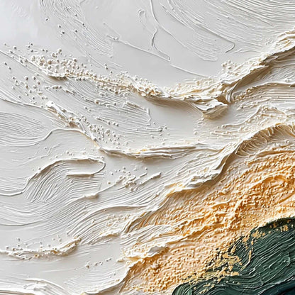 Emerald Shoreline hand-painted white, emerald green and gold textured coastal abstract painting shown with gold frame
