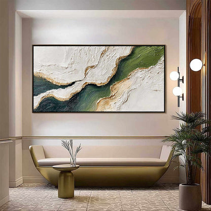 Emerald Shoreline hand-painted white, emerald green and gold textured coastal landscape painting shown as stretched canvas