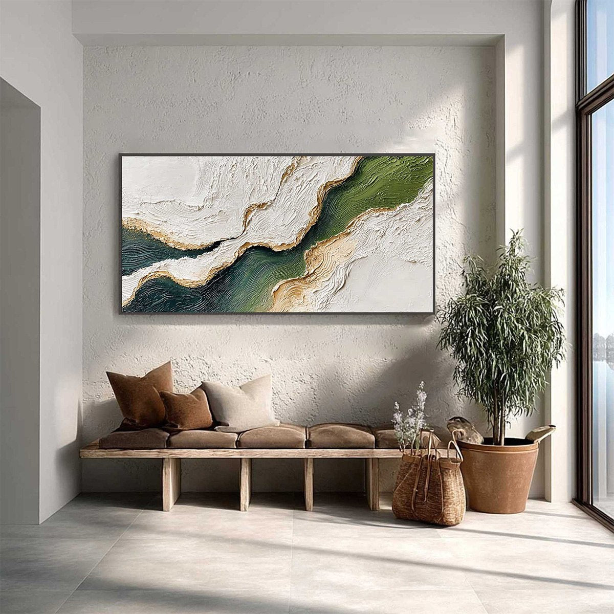 Emerald Shoreline hand-painted white, emerald green and gold textured coastal landscape painting shown with silver frame