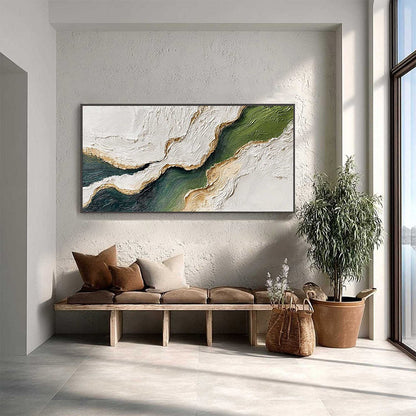 Emerald Shoreline hand-painted white, emerald green and gold textured coastal landscape painting shown with silver frame