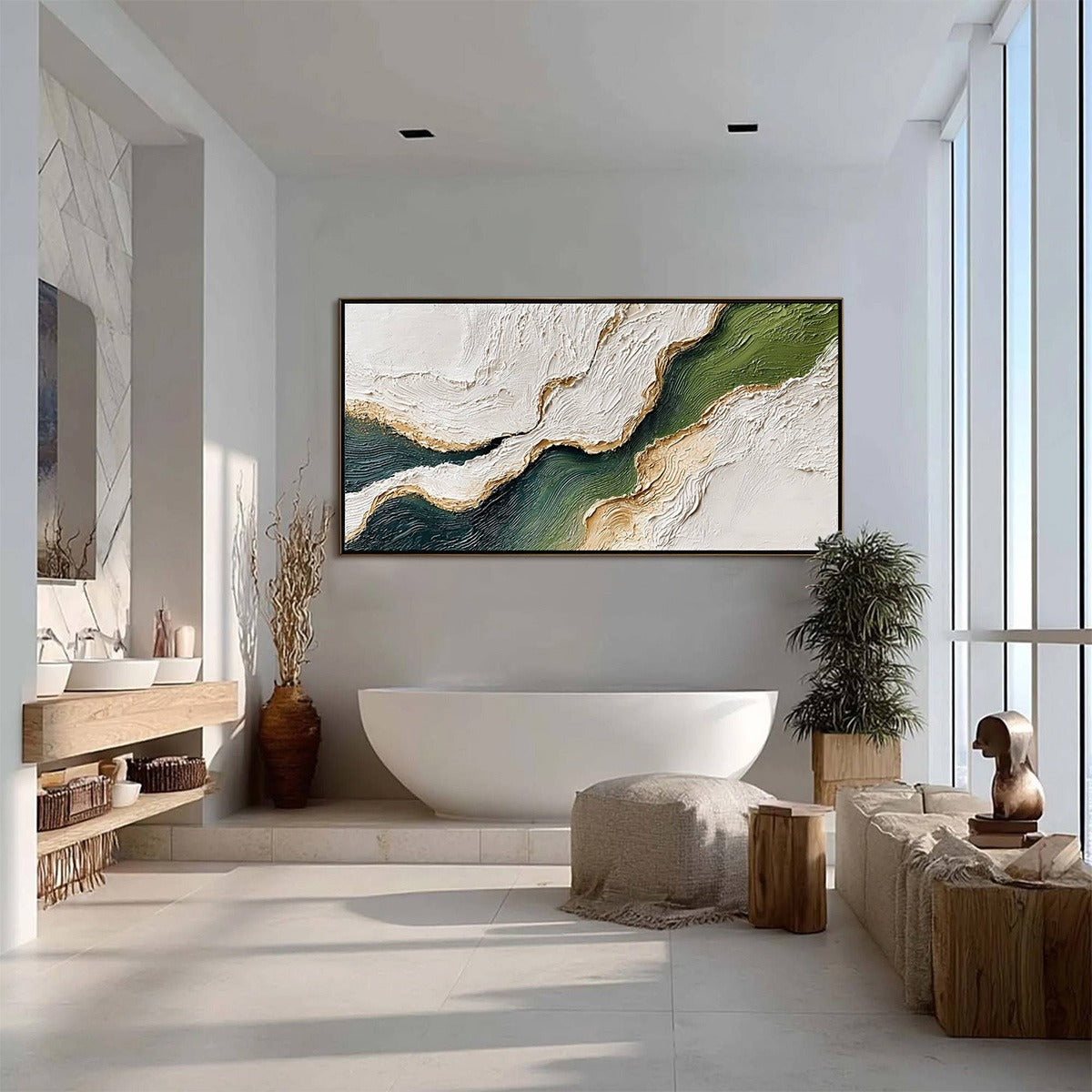 Emerald Shoreline hand-painted white, emerald green and gold textured coastal landscape painting shown with black frame