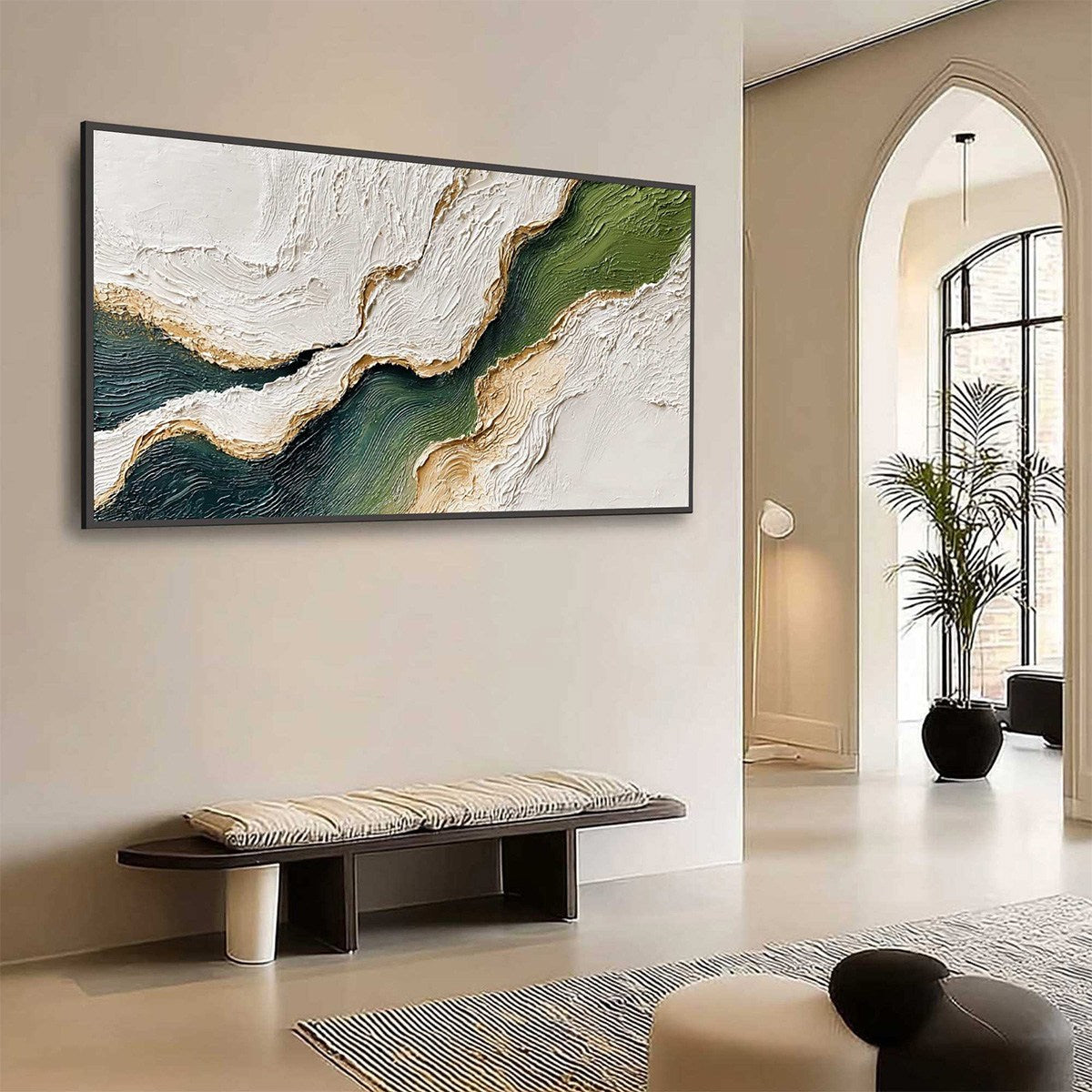 Emerald Shoreline hand-painted white, emerald green and gold textured coastal landscape painting shown with wood frame