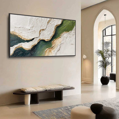 Emerald Shoreline hand-painted white, emerald green and gold textured coastal landscape painting shown with wood frame