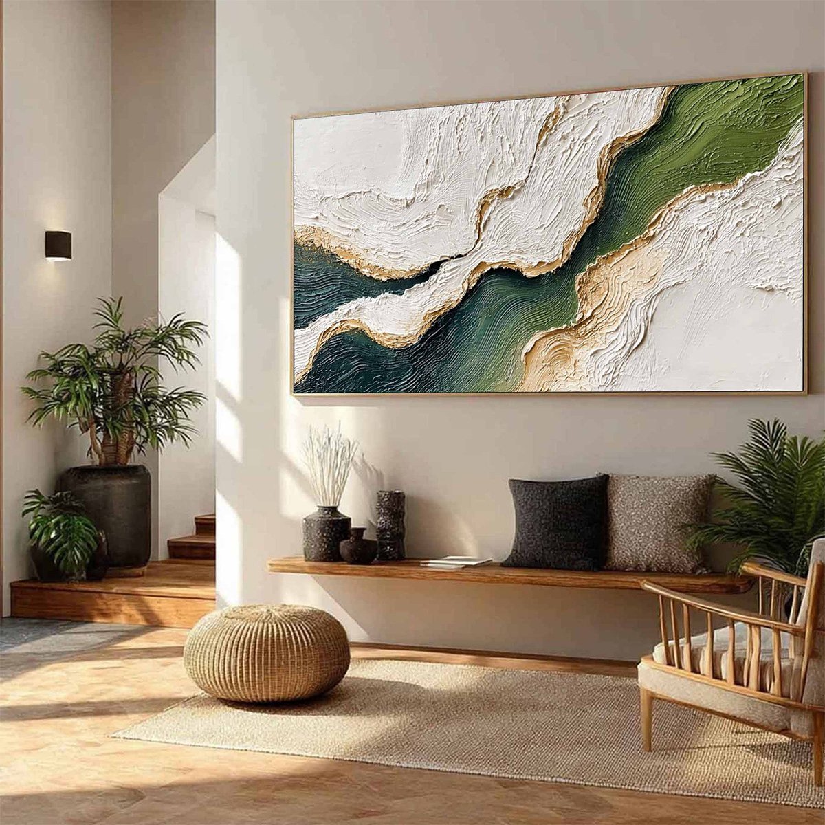 Emerald Shoreline hand-painted white, emerald green and gold textured coastal landscape painting rolled canvas option