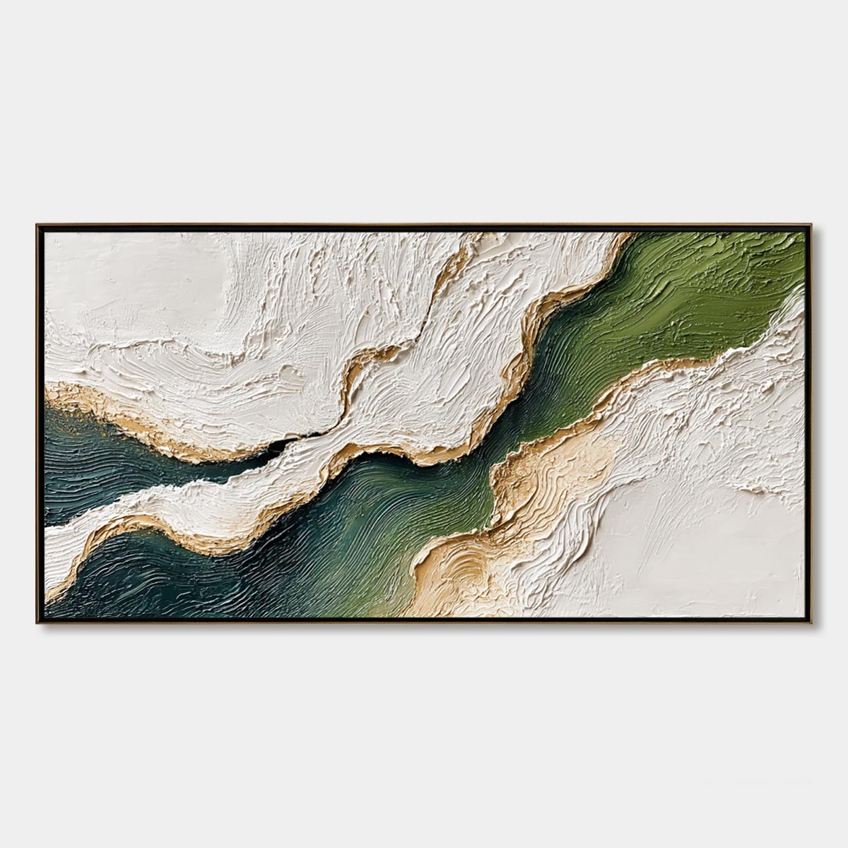 Emerald Shoreline hand-painted white, emerald green and gold textured coastal landscape painting rolled canvas option