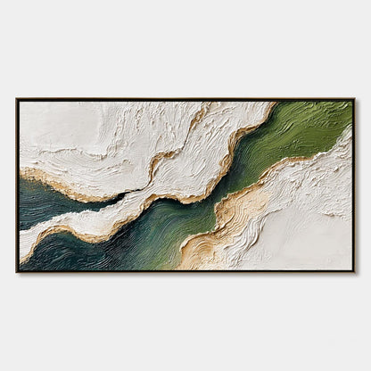 Emerald Shoreline hand-painted white, emerald green and gold textured coastal landscape painting rolled canvas option