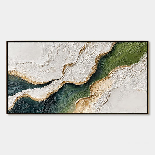 Emerald Shoreline hand-painted white, emerald green and gold textured coastal landscape painting rolled canvas option