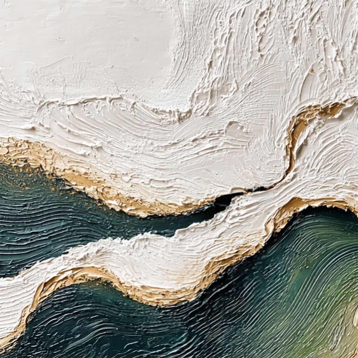 Emerald Shoreline hand-painted white, emerald green and gold textured coastal landscape painting shown with gold frame