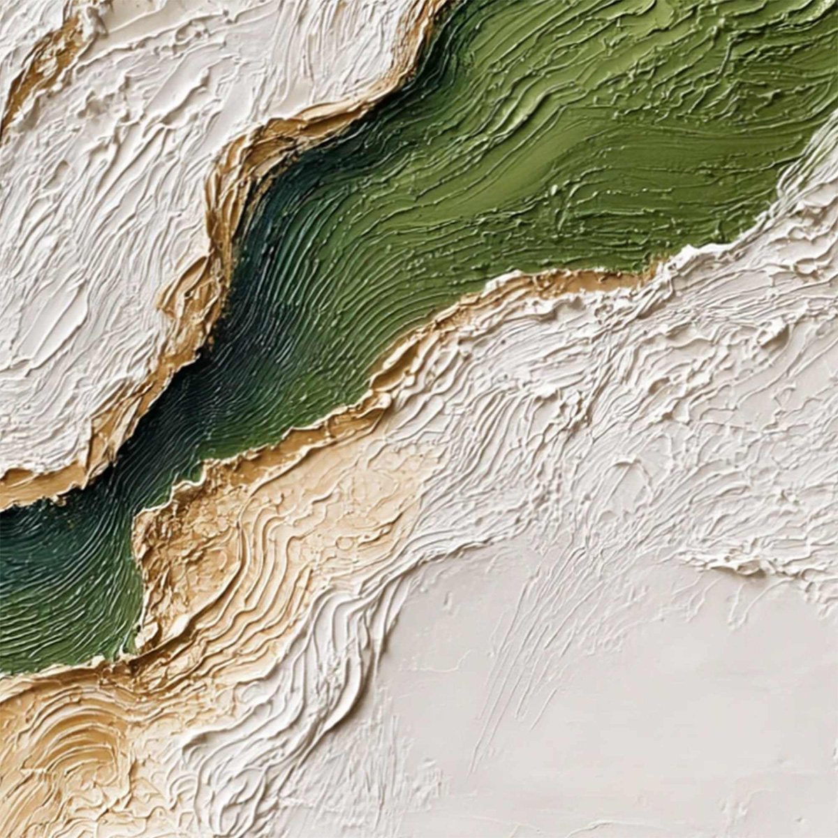 Emerald Shoreline hand-painted white, emerald green and gold textured coastal landscape painting shown with white frame