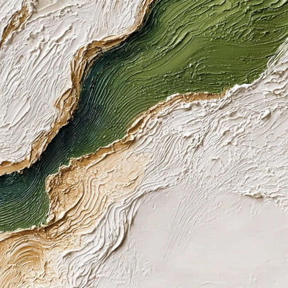 Emerald Shoreline hand-painted white, emerald green and gold textured coastal landscape painting shown with white frame