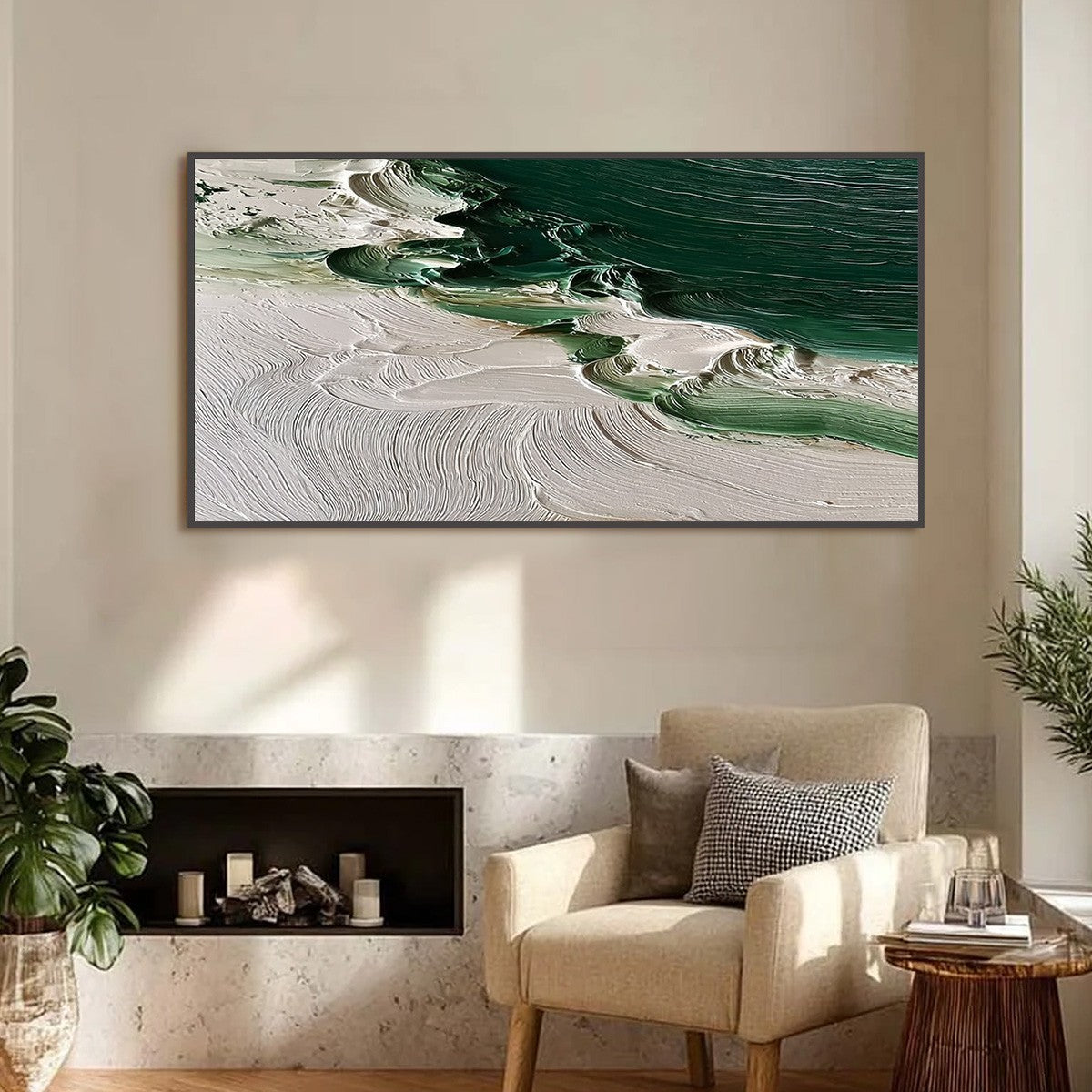 Emerald Tide hand-painted white and emerald green textured ocean wave painting shown with silver frame