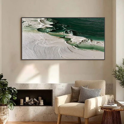 Emerald Tide hand-painted white and emerald green textured ocean wave painting shown with silver frame