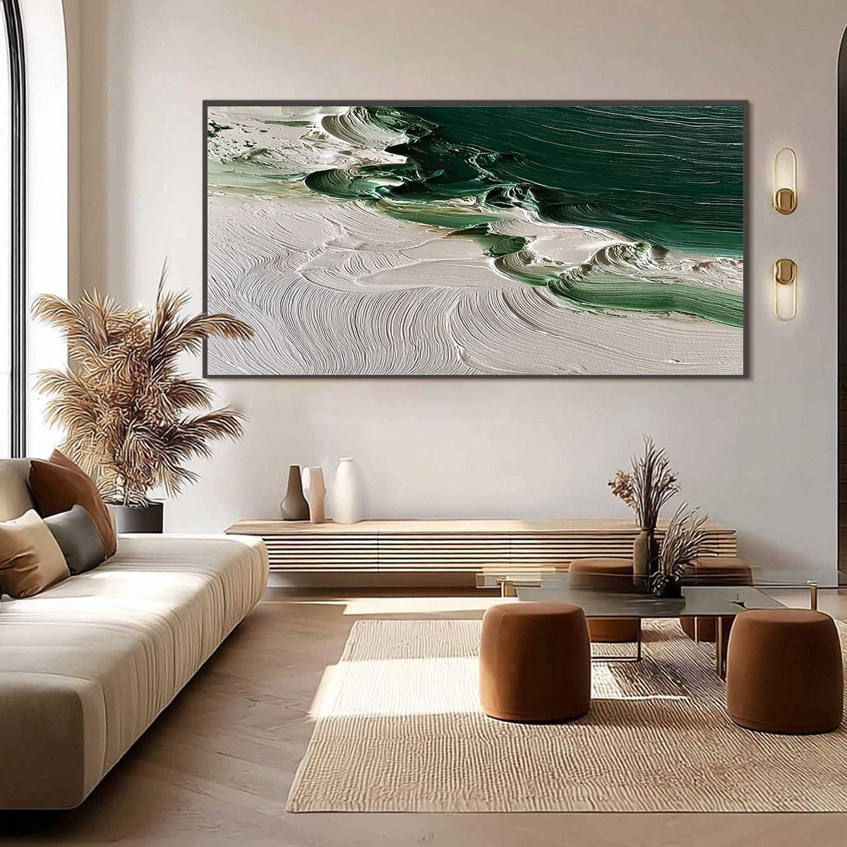Emerald Tide hand-painted white and emerald green textured ocean wave painting shown with black frame