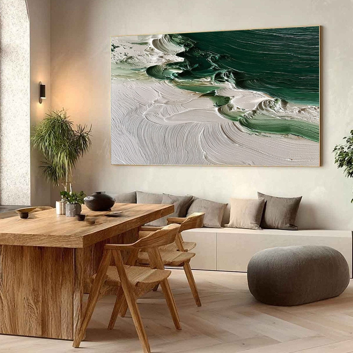 Emerald Tide hand-painted white and emerald green textured ocean wave painting shown with wood frame