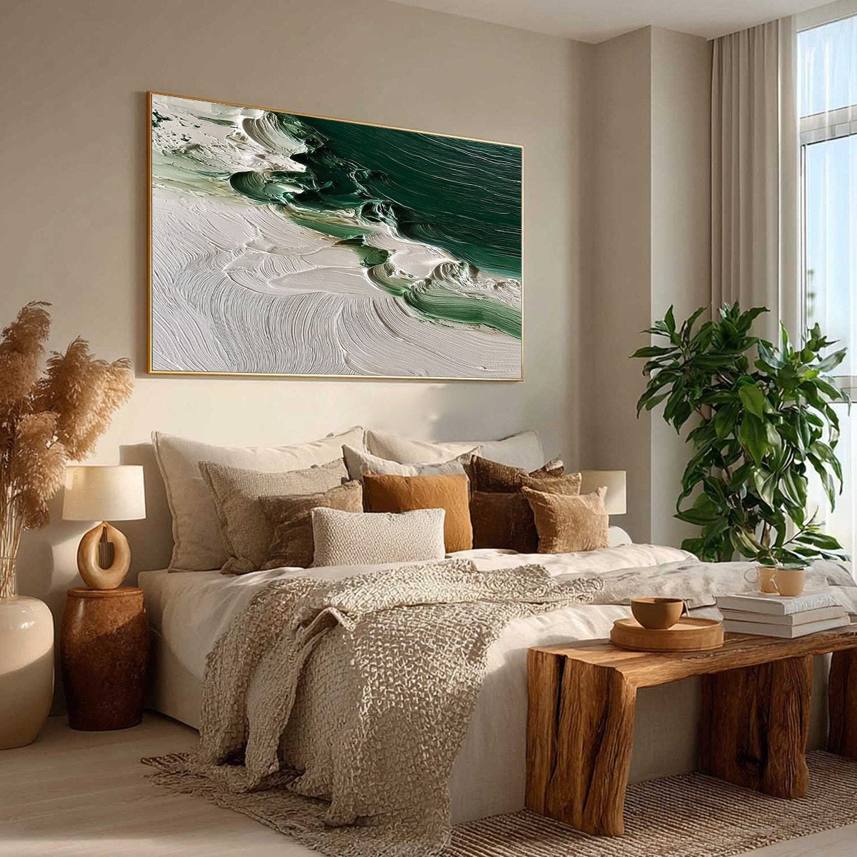 Emerald Tide hand-painted white and emerald green textured ocean wave painting rolled canvas option