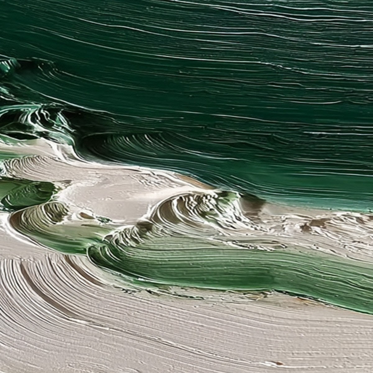 Emerald Tide hand-painted white and emerald green textured ocean wave painting shown with gold frame
