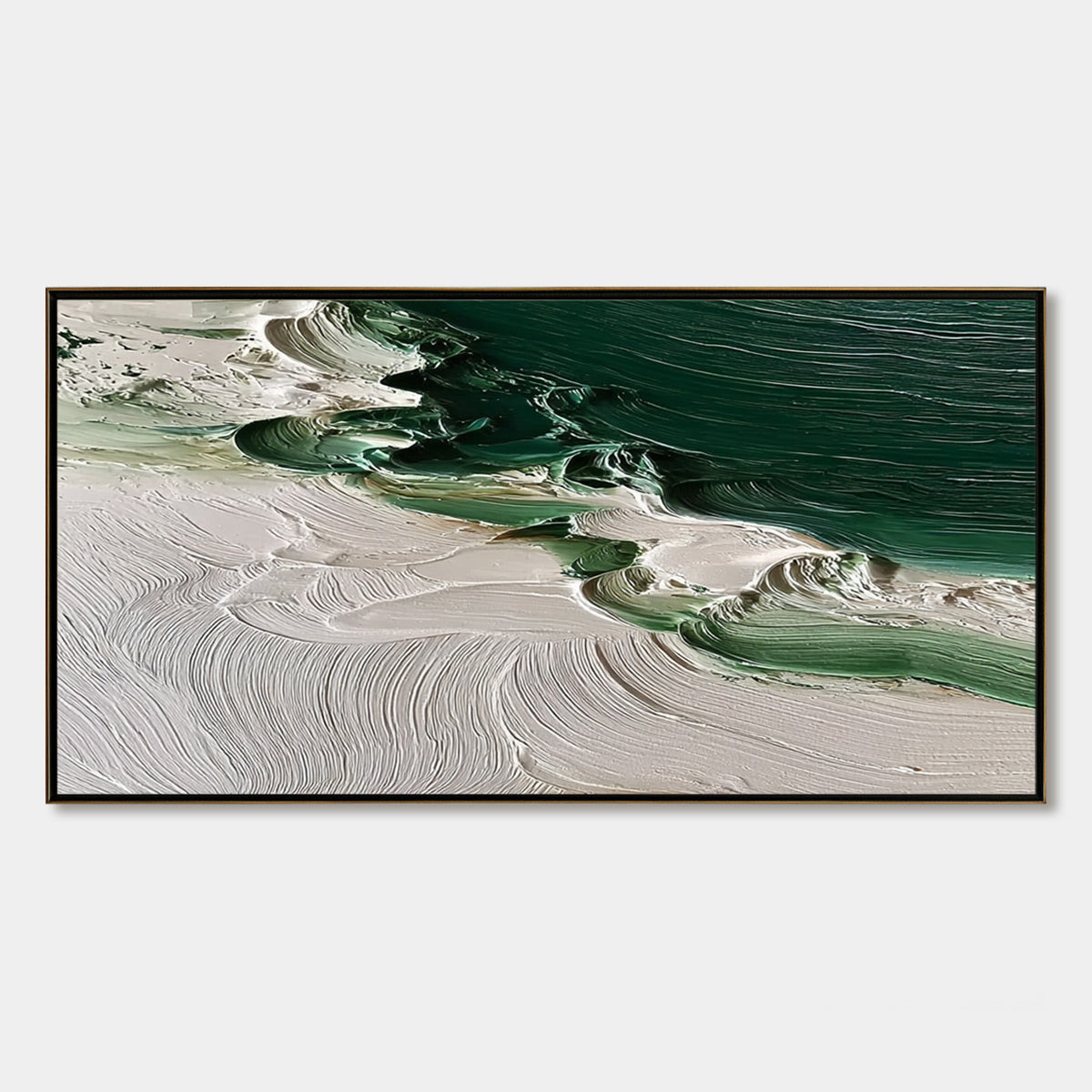Emerald Tide hand-painted white and emerald green textured ocean wave painting rolled canvas option