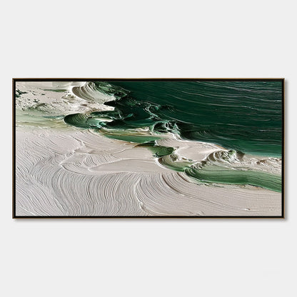 Emerald Tide hand-painted white and emerald green textured ocean wave painting rolled canvas option
