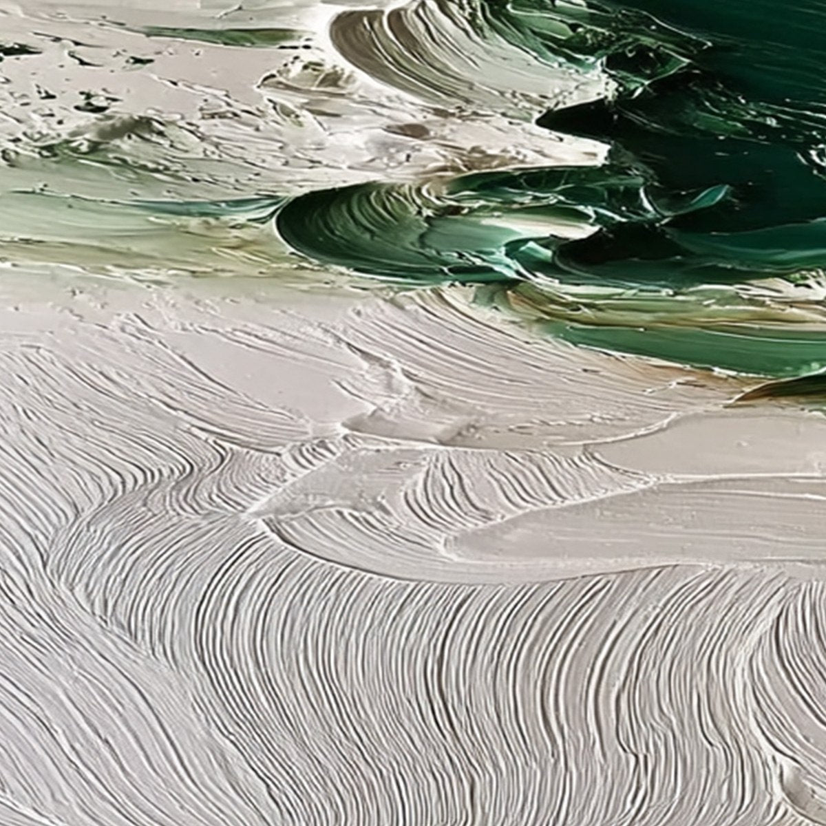 Emerald Tide hand-painted white and emerald green textured ocean wave painting shown with white frame