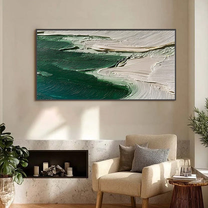 Emerald Tide hand-painted white and emerald green textured ocean wave painting shown with silver frame