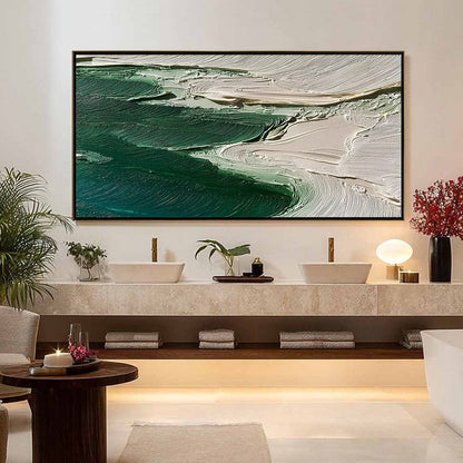Emerald Tide hand-painted white and emerald green textured ocean wave painting shown with black frame