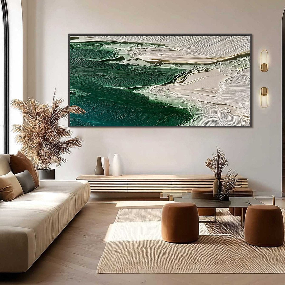 Emerald Tide hand-painted white and emerald green textured ocean wave painting shown as stretched canvas