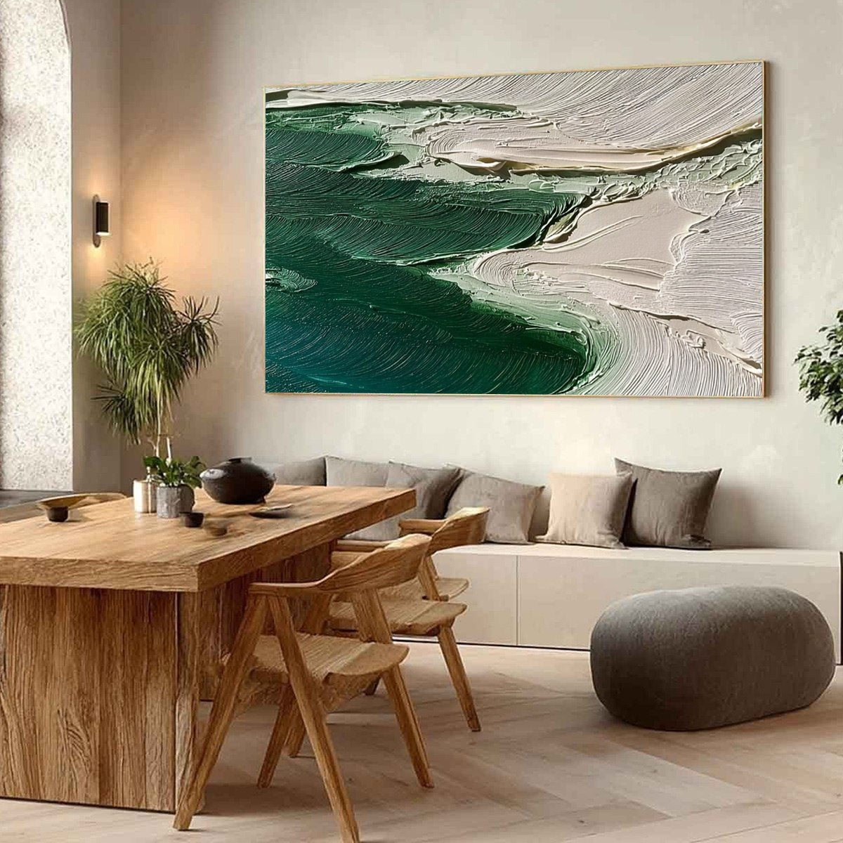 Emerald Tide hand-painted white and emerald green textured ocean wave painting shown with wood frame