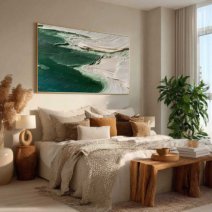 Emerald Tide hand-painted white and emerald green textured ocean wave painting rolled canvas option