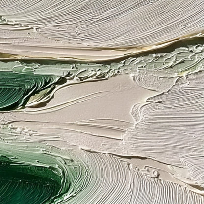 Emerald Tide hand-painted white and emerald green textured ocean wave painting shown with gold frame