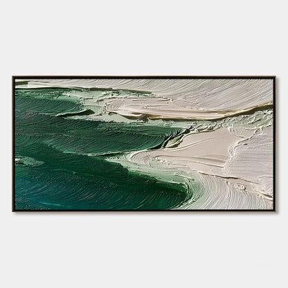 Emerald Tide hand-painted white and emerald green textured ocean wave painting rolled canvas option