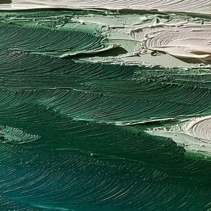 Emerald Tide hand-painted white and emerald green textured ocean wave painting shown with white frame