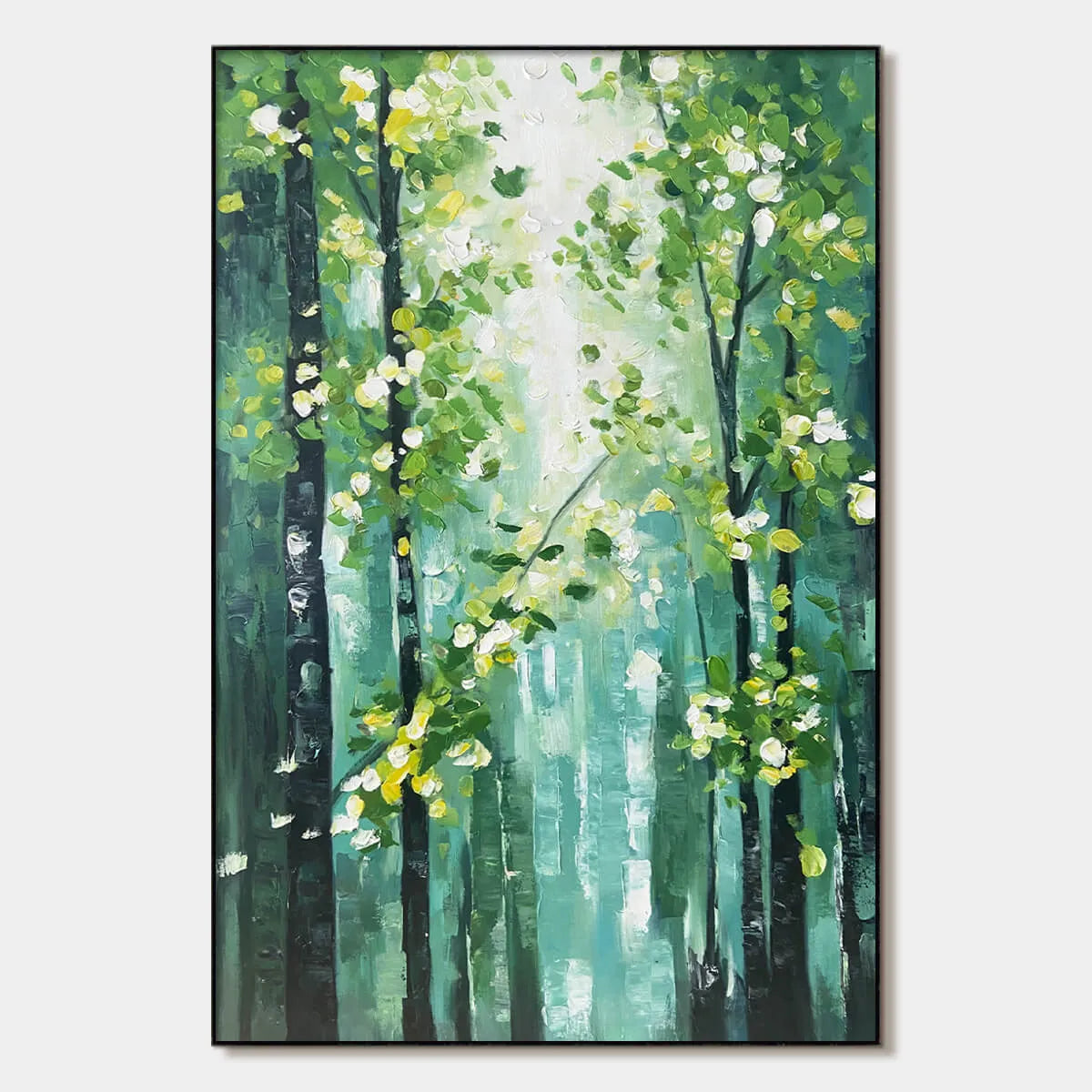 Emerald Grove hand-painted emerald green and ivory textured forest landscape painting rolled canvas option