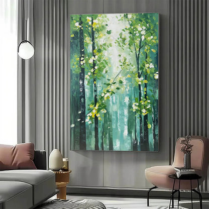 Emerald Grove hand-painted emerald green and ivory textured forest landscape painting shown as stretched canvas