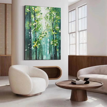 Emerald Grove hand-painted emerald green and ivory textured forest landscape painting shown with white frame