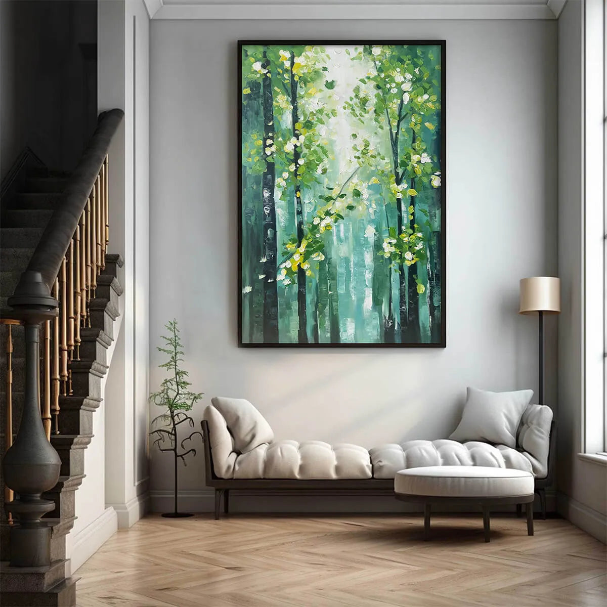 Emerald Grove hand-painted emerald green and ivory textured forest landscape painting shown with wood frame