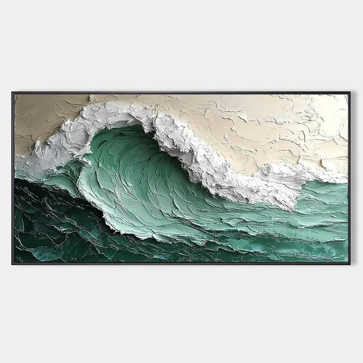 Emerald Crest hand-painted beige and emerald green textured ocean wave painting rolled canvas option