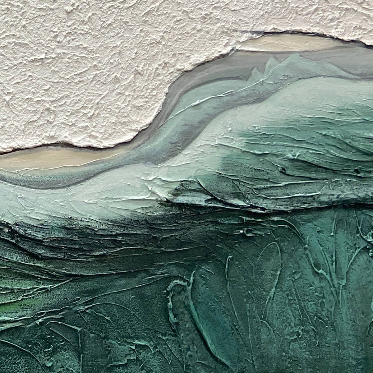 Emerald Depths hand-painted white and emerald green textured ocean wave painting shown with silver frame