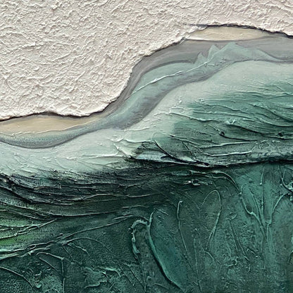 Emerald Depths hand-painted white and emerald green textured ocean wave painting shown with silver frame