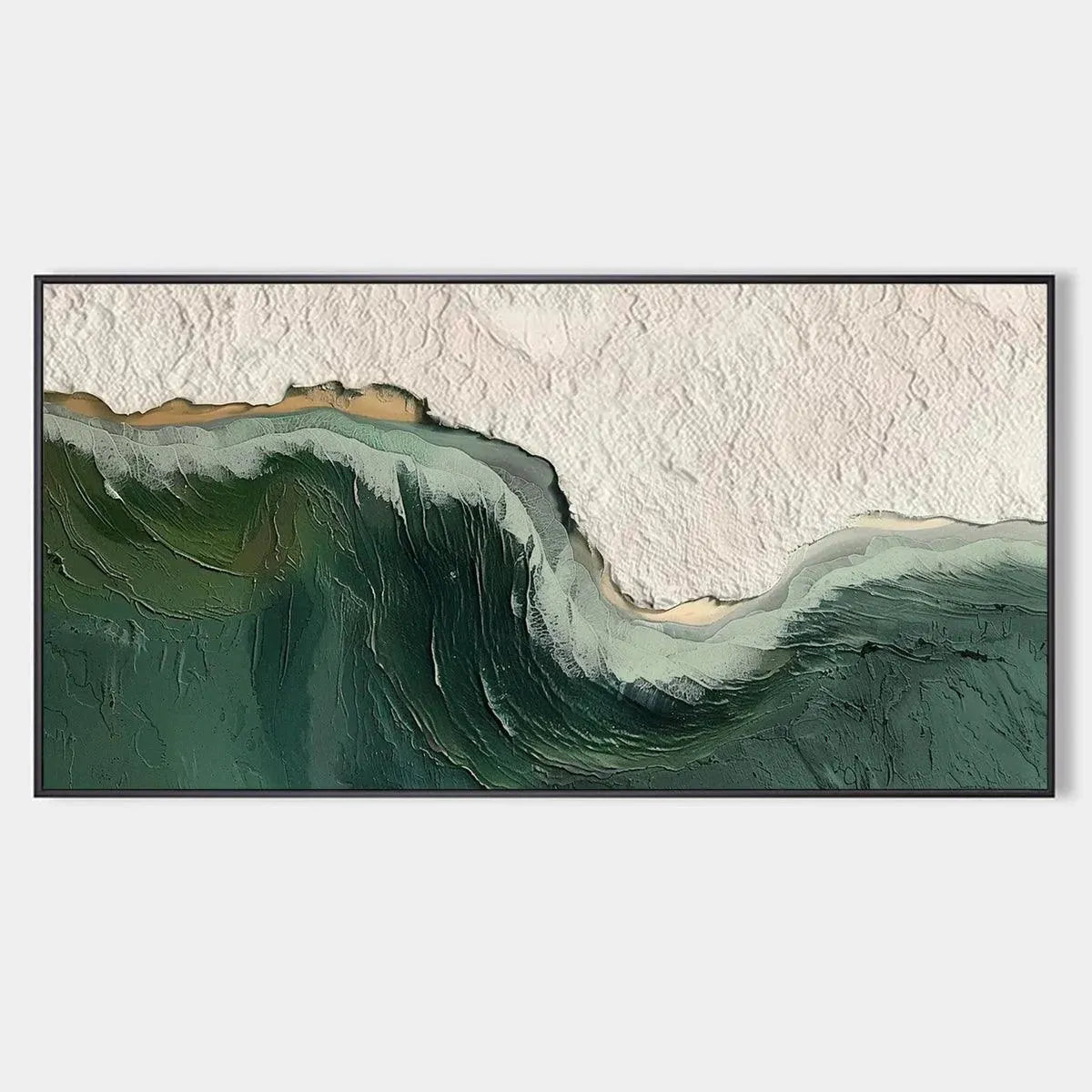 Emerald Depths hand-painted white and emerald green textured ocean wave painting rolled canvas option